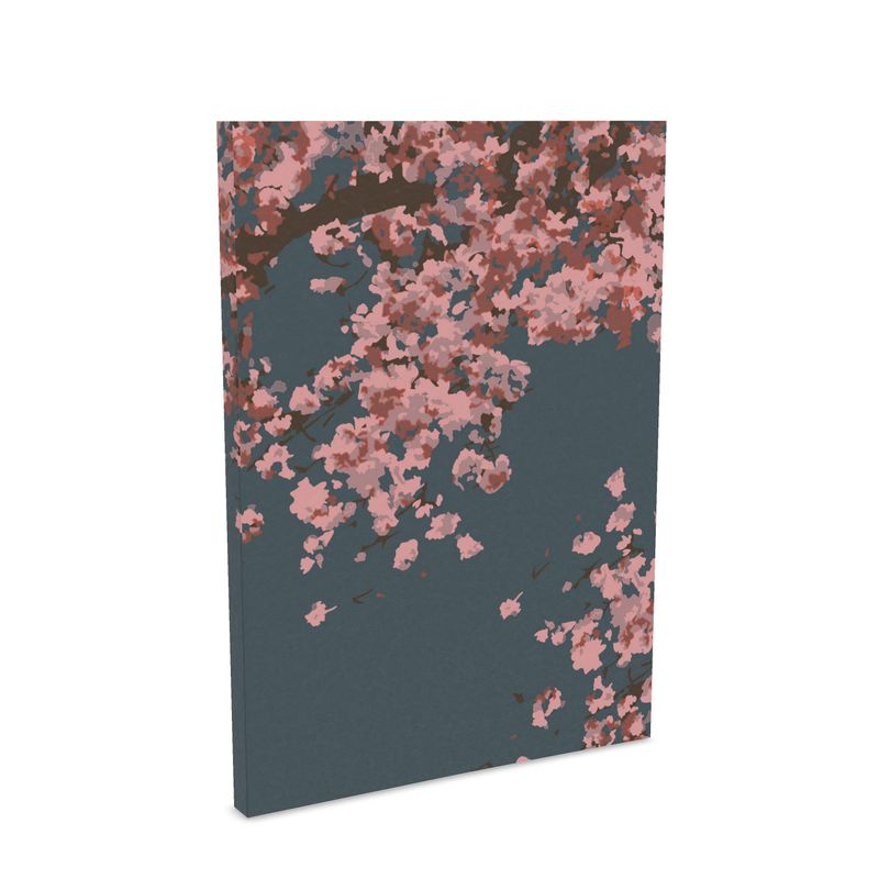 A5 and A6 Pocket Notebook featuring Cherry Blossom design in Dark Slate Blue. Designer Stationery. Printed to order in the UK by Floccu