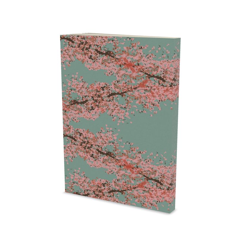 A5 and A6 Pocket Notebook featuring Cherry Blossom design in Ash Teal. Designer Stationery. Printed to order in the UK by Floccu