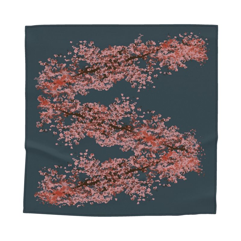 Square Silk Scarf featuring Cherry Blossom design in Dark Slate Blue. Silk or cotton. Printed to order in the UK by Floccu