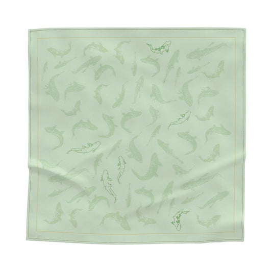 Square Silk Scarf featuring Koi fish design in Light Sage Green. Silk or cotton. Printed to order in the UK by Floccu